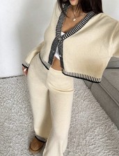 Women s Cozy Knit 2 Piece Lounge Set Cardigan Wide Leg Pants S M L