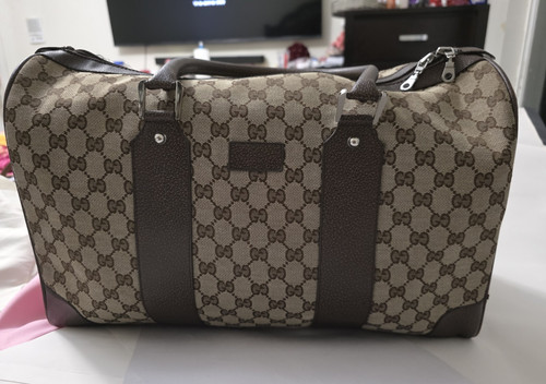 Gucci Brown Beige Logo Print Canvas Leather Carry On Soft Case Duffle Bag