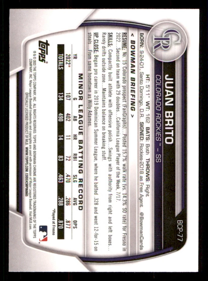 2023 Bowman Chrome Prospects #BCP77 Juan Brito - Image 2 of 2
