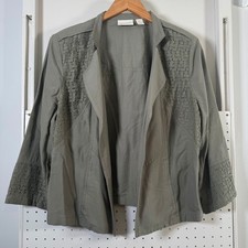 Chico's Jacket Womens Olive Green Lace Open 3/4 Sleeves Collared Pockets 2 Large
