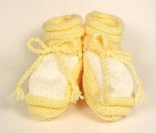 HandKnit Baby Booties Yellow White 4.25" Long Handmade Hand Knit Acrylic Shoes
