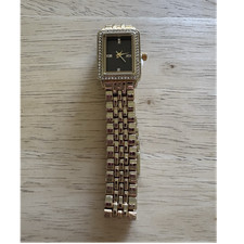 Gold Tone Rectangular Women's Wristwatch Gem-Set Bezel Black Dial Bracelet