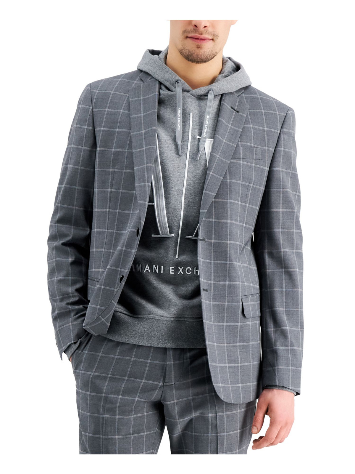 ARMANI Мужской серый однобортный блейзер в шотландскую клетку Windowpane Stretch Blazer 40 Short 22890₽
