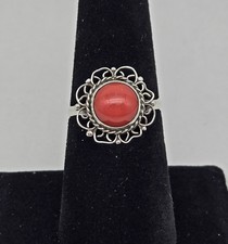 VTG Native Red Blood Coral Sterling Silver Petite Filigree Ring Size 7 - 2.0g