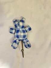 VNTG Avon Blue & White Gingham Teddy Bear Decor With Gold Hook
