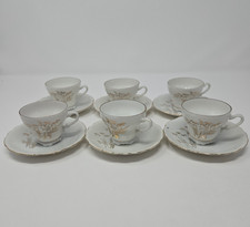 Vintage Set of 6 Japanese Porcelain Bamboo Tea Set Gold Leaf Cups And Saucers