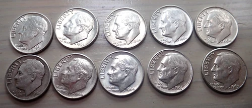 Lot of (10) 90% SILVER Roosevelt Dimes - 1946, 1961 '63 '64 - P&D - Circ to BU