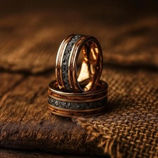 Burnt Whiskey Barrel Wedding Band. Black Gold with Meteorite Ring Men's 8mm