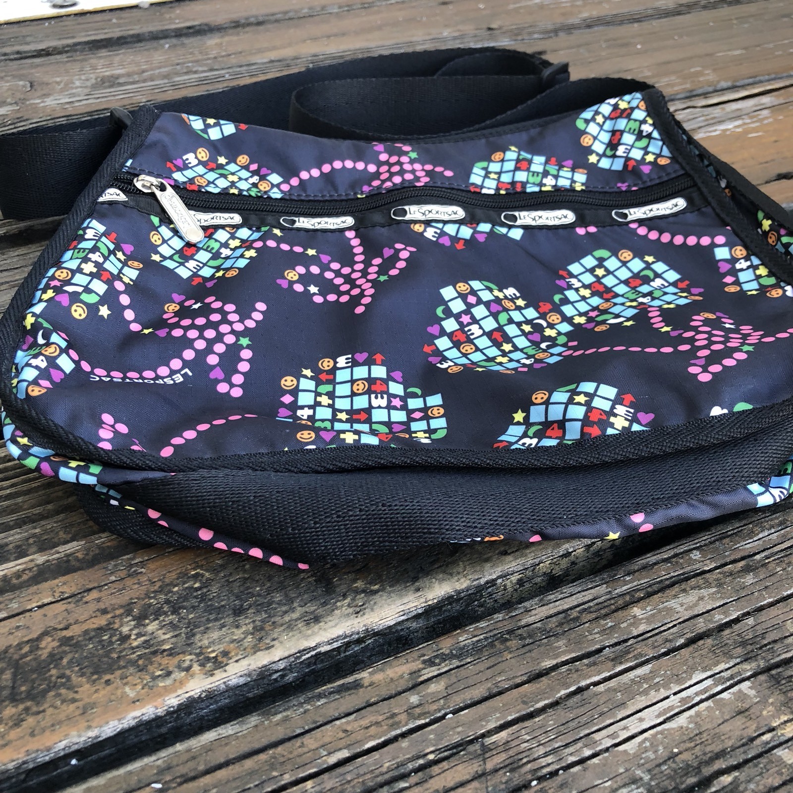 Le Sportsac Purse Black Cherry Video Game Smiley Face Novelty X Body Bag RARE image 5
