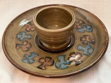 Signed Studio Art Pottery Chip and Dip Server Hand Thrown Vegetable Fruit Tray