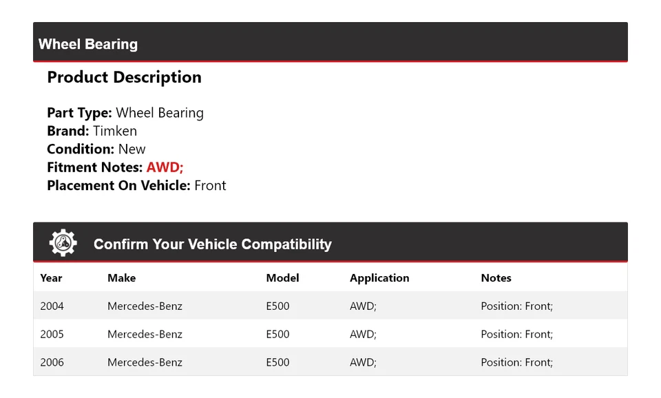 Cojinete de rueda delantero Timken 2005 para Mercedes-Benz E500 2004-2006 AWD Foto 2 de 4