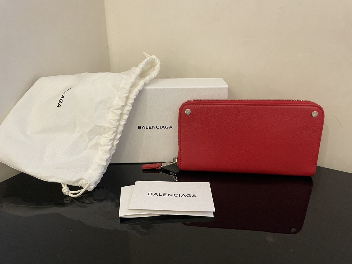 BALENCIAGA Authentic Red Leather Zippy Zip-Around Wallet Men Women