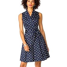 Chaps Women's Navy Polka-Dot Sateen Sleeveless A-line Dress size S