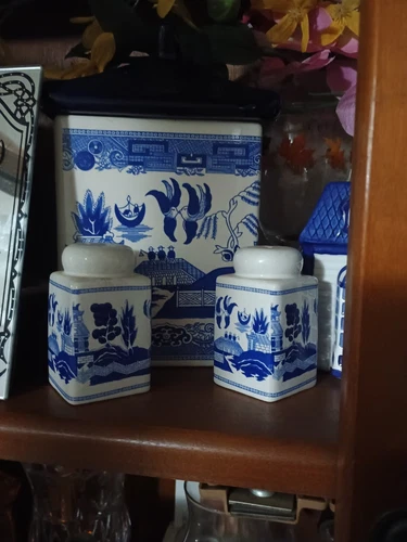 blue willow salt and pepper shakers  And Canister 