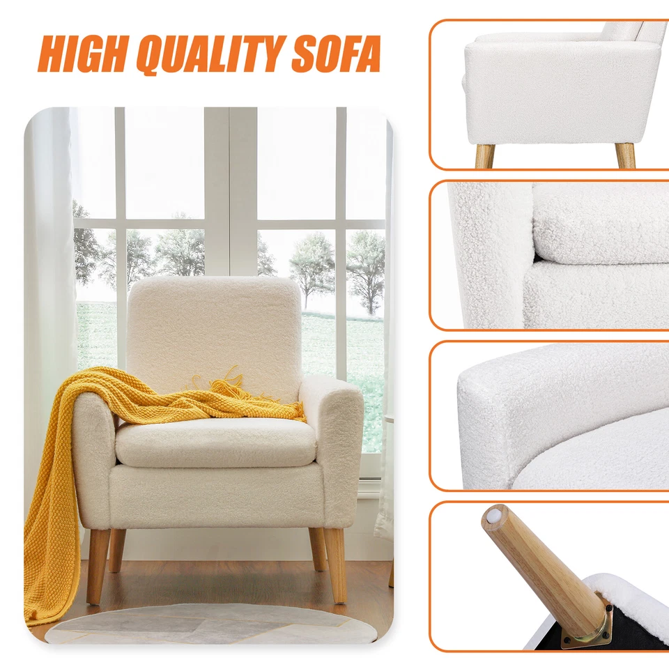 Sherpa Accent Chair White Teddy Fabric Living Room ArmChair Small Sofa Wood Legs - Image 3 of 4