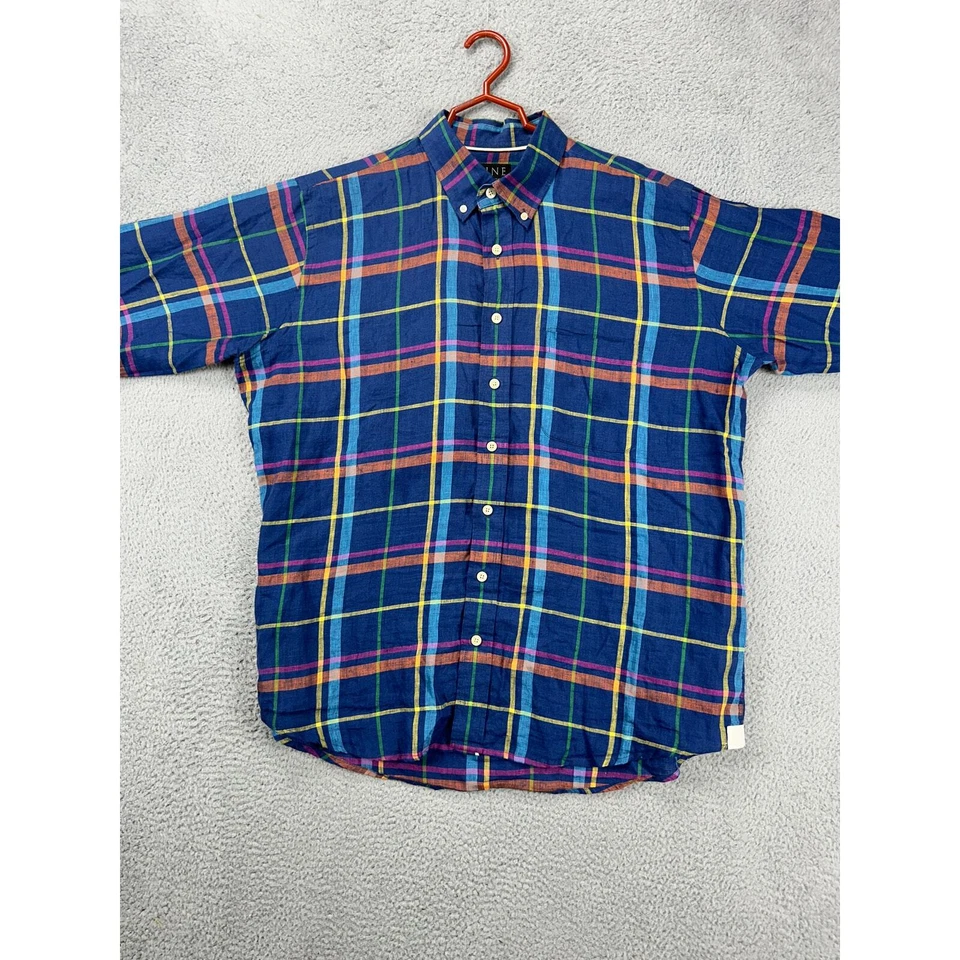 Mine Shirt Adult XL Blue Plaid 100% Linen Button Down Long Sleeve Pocket Mens - Image 2 of 4