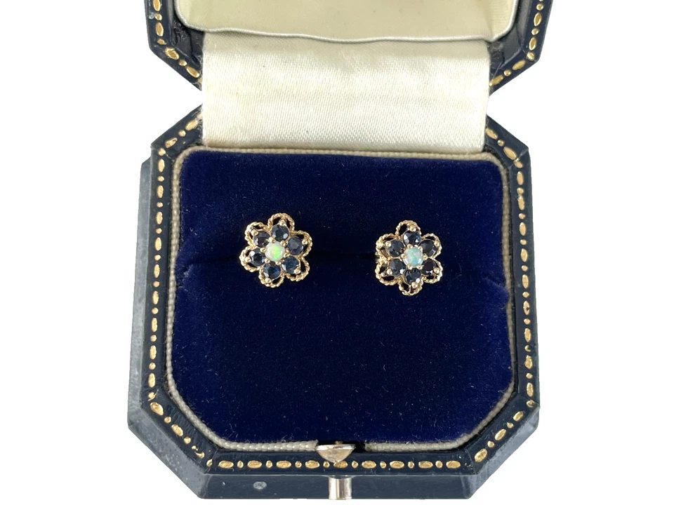 Sapphire & Opal Earrings 9ct Gold Flower Cluster Stud Vintage Earrings - Image 4 of 4
