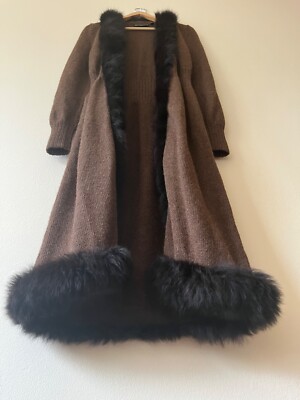 Peruvian Connection Long Cardigan Alpaca Knit Wool Fur Trim Sweater Coat Brown M