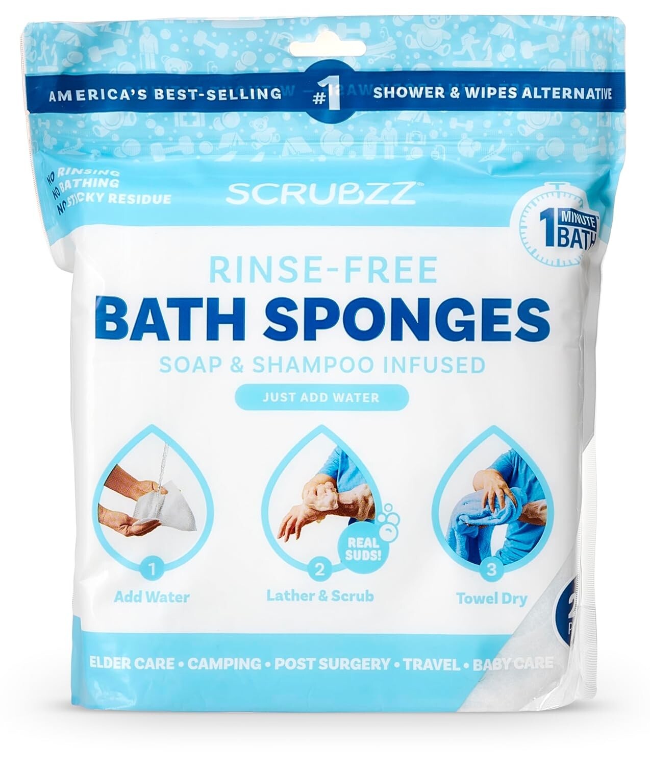 Scrubzz Disposable Rinse Free Bathing Wipes 25 ct. - All-in-1 Single Use Shower
