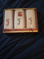 3 Mens white embroidered "F" cotton HANDKERCHIEFS 16" x 16" Paris New