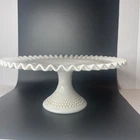 Vintage Fenton Glass Milk White Hobnail Ruffled Pedestal Cake Plate 13”