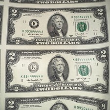 FANCY BINARY REPEATER - $2 Two Dollar Bills Uncut Currency Sheet - 32 Notes 2013