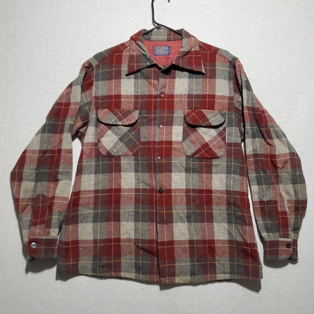 Pendelton Board Shirt Mens Large 60s Wool Plaid Loop Collar Work Hike Camp Dad