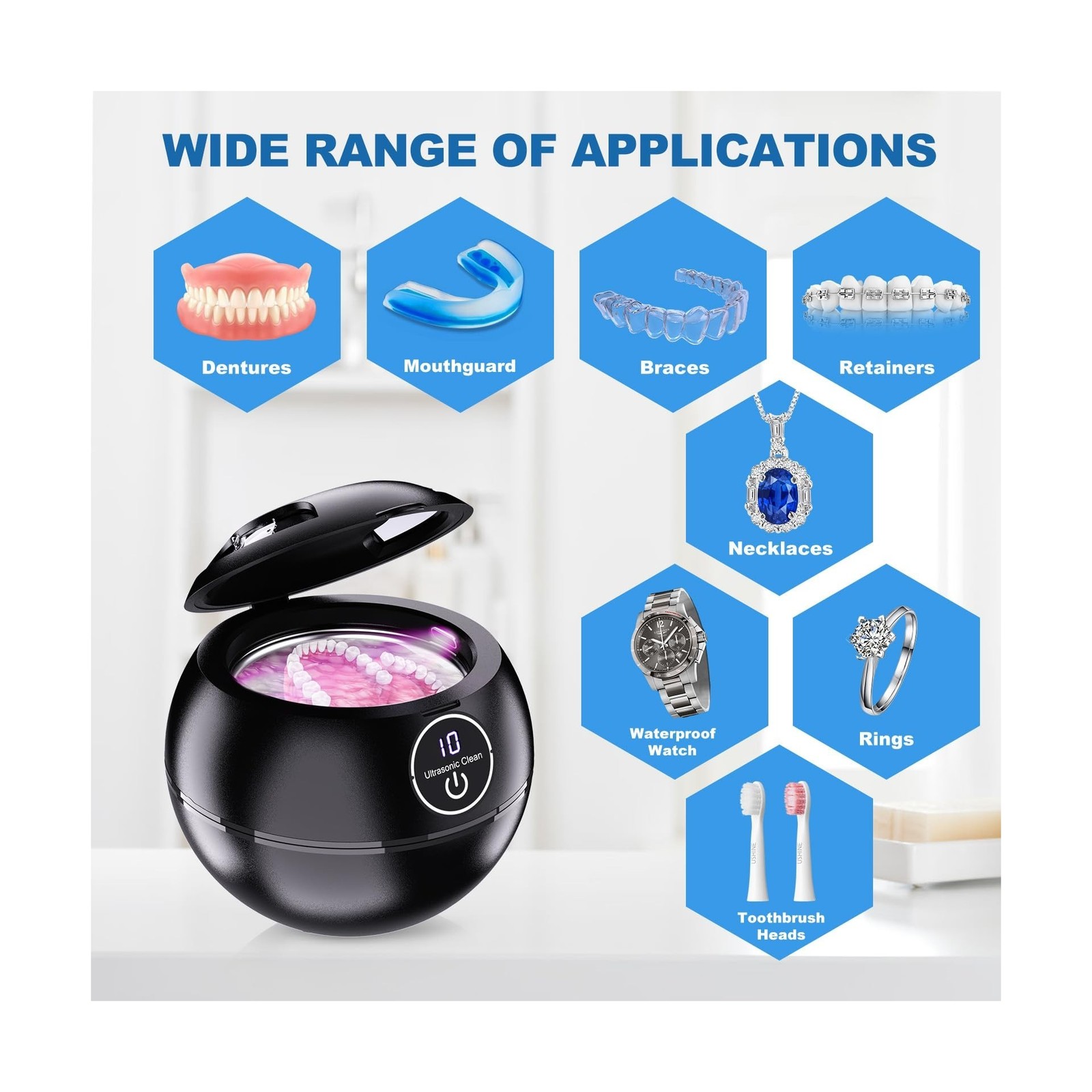 Ultrasonic Retainer Cleaner Machine, Sonic Denture Cleaner for Mout... Fast Ship