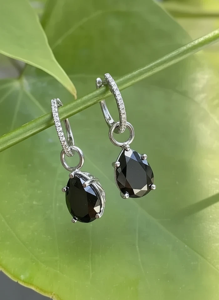 Висячие серьги из белого золота 14 карат с черным бриллиантом лабораторной огранки грушевидной огранки 2 карата - Изображение 2 из 3