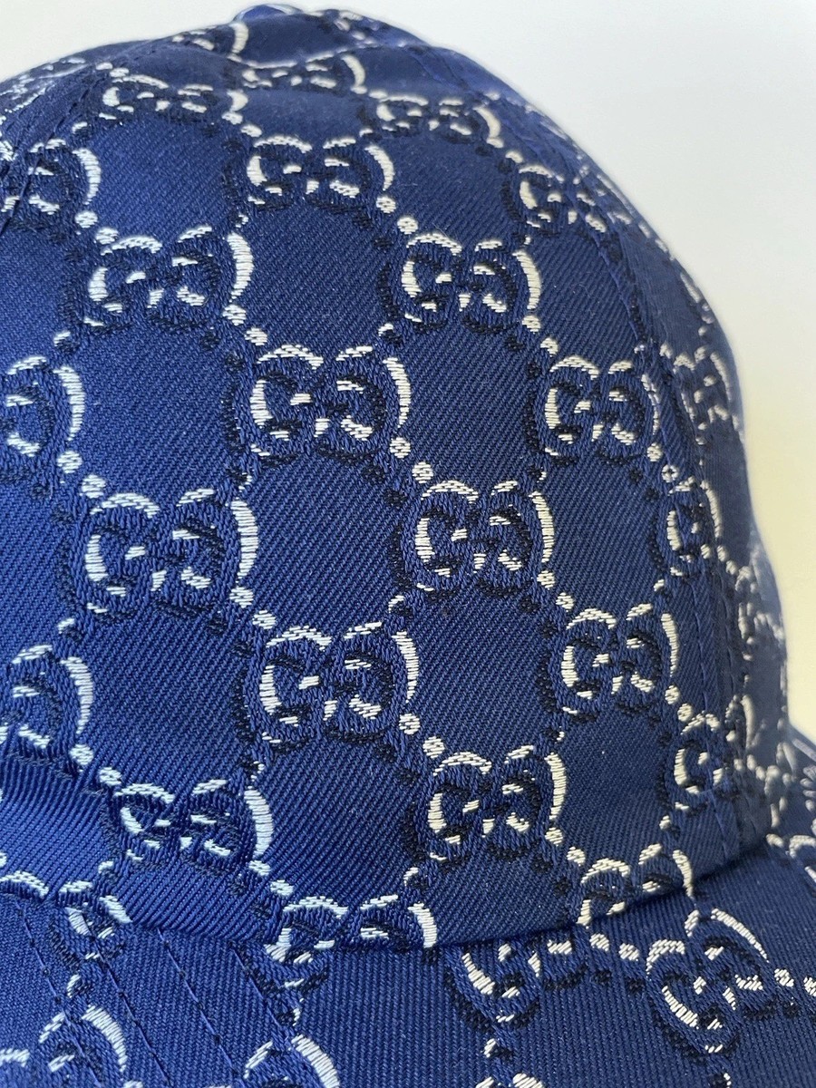 GUCCI Authentic Cotton GG Shadow Logo Baseball Cap Hat Blue Size