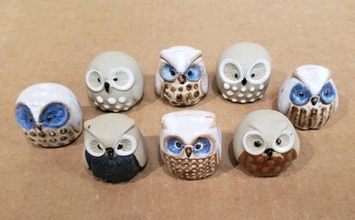 Vintage EMSON Stoneware OWLS Clay Pottery Painted Glazed Birds 1970's Lot of 8