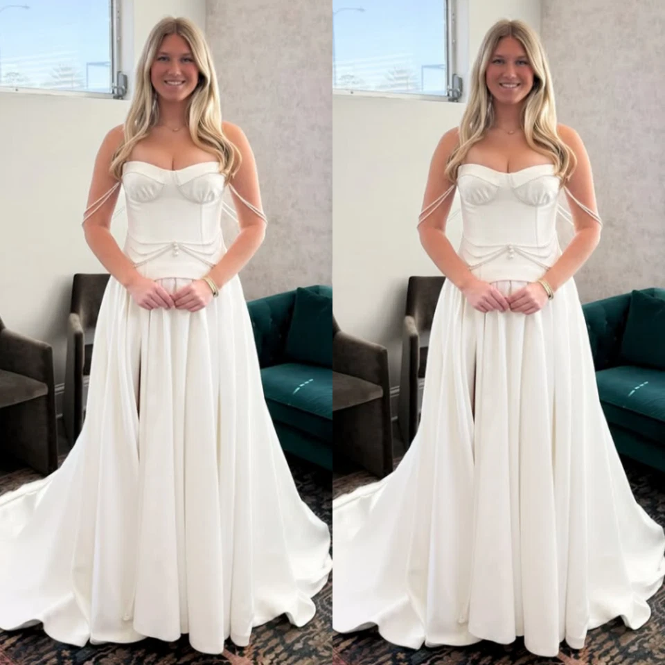 Satin Wedding Dresses White Sweetheart Sleeveless Ivory A Line Bridal Gowns - Image 3 of 4