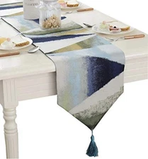 ZebraSmile Ombre Geometric Table Runner Tassels Blue Watercolor Abstract 13"x80"