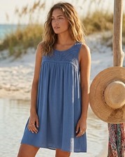 Boho Blue Tunic Dress Crochet Accent XL Sleeveless Flowy Coastal Beachy Vacay