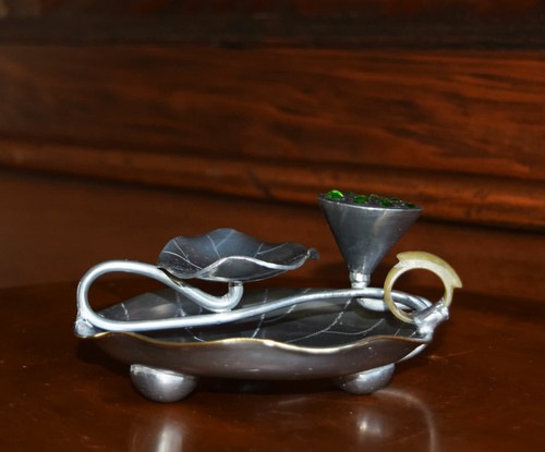 Chinese Pewter Brush Rest ~ Jade Handle ~ Lotus Flower Seeds Peridot Stones - Picture 2 of 12