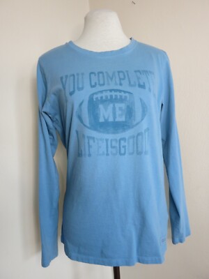 Women's M Life is Good You Complete Me Football Blue Light Teal Crusher Tee VG