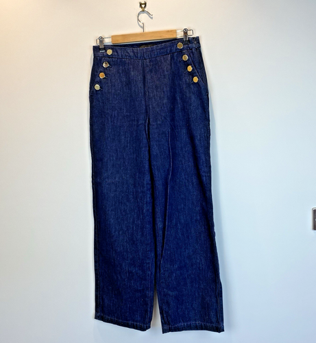 Next Jeans Wide Leg Trousers UK12 Indigo Blue 100% Cotton High Rise Gold Buttons