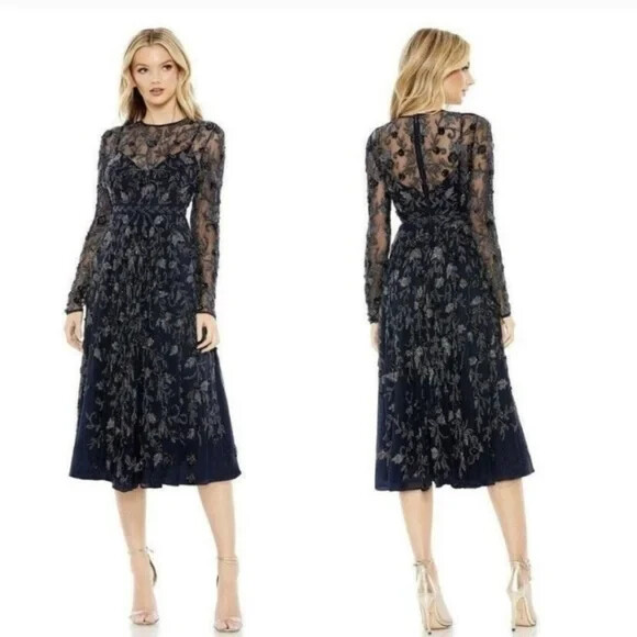 【Mac Duggal】 ビーズイリュージョンミディドレス NWT Mac Duggal Dress Gown Navy Blue Floral Beaded Sequined