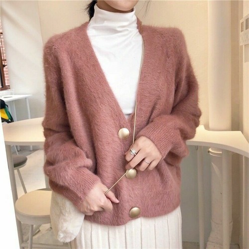 Women Faux Mohair Fur Sweater Cardigan Knitted Coat Jacket Outerwear Casual - Picture 6 of 14