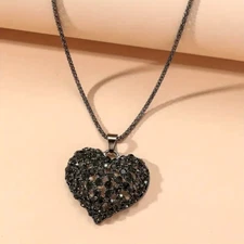 Vintage Black Hollow Heart Pendant Necklace Shiny Rhinestones Long Sweater Chain