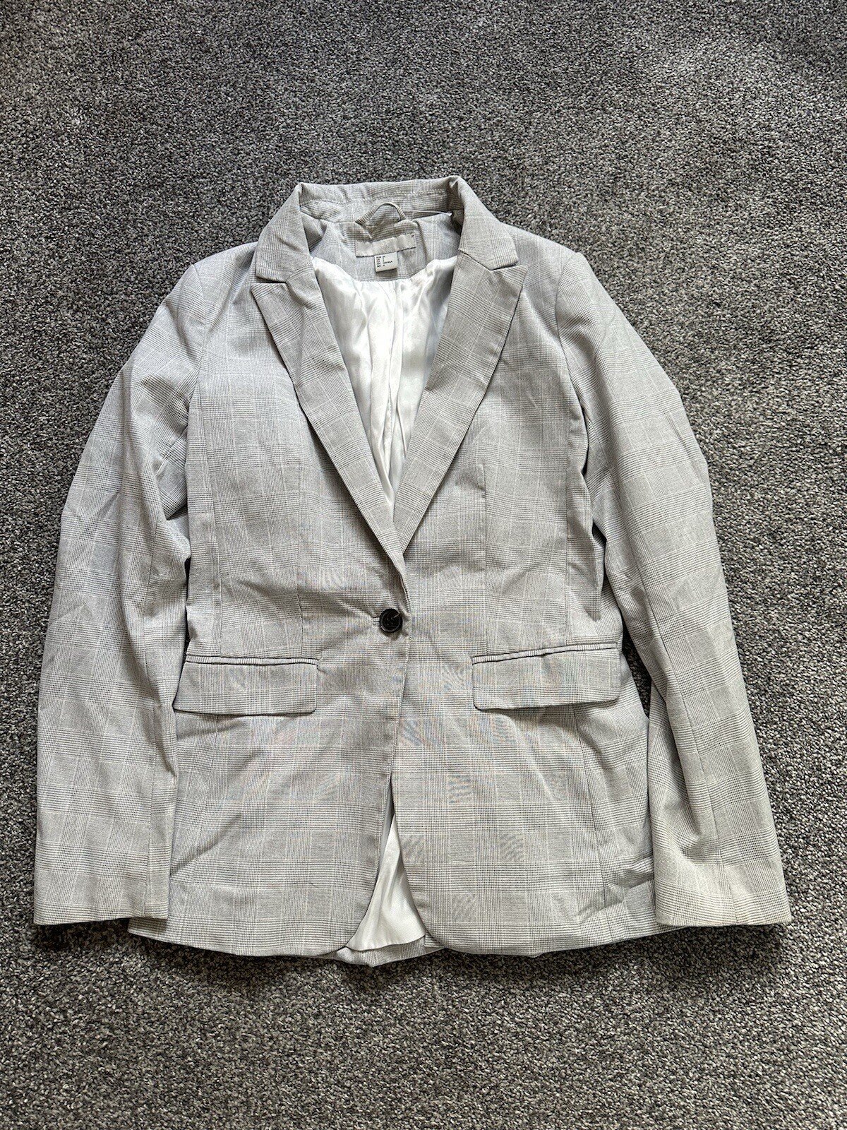 Womens H&M Blazer Jacket Size 4 Check Grey Button Up Free Post (16)