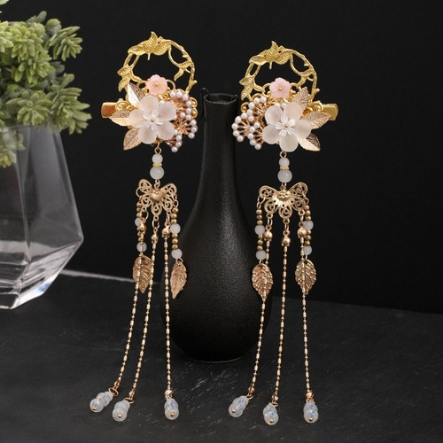 1 Pair Flower Leaf Pearls Long Tassel Pendant Hanfu Dress Hairpins Clips  Girls