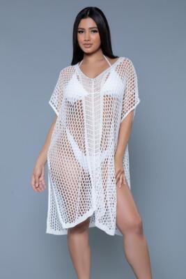 NEW sexy BE WICKED net CROCHET short SLEEVE flowy BIKINI swimsuit COVER up DRESS