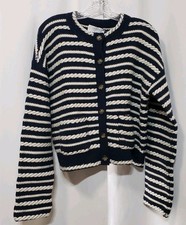 La Ligne Gabrielle Braided Stripe Cardigan Size M 100 Wool Navy Nautical