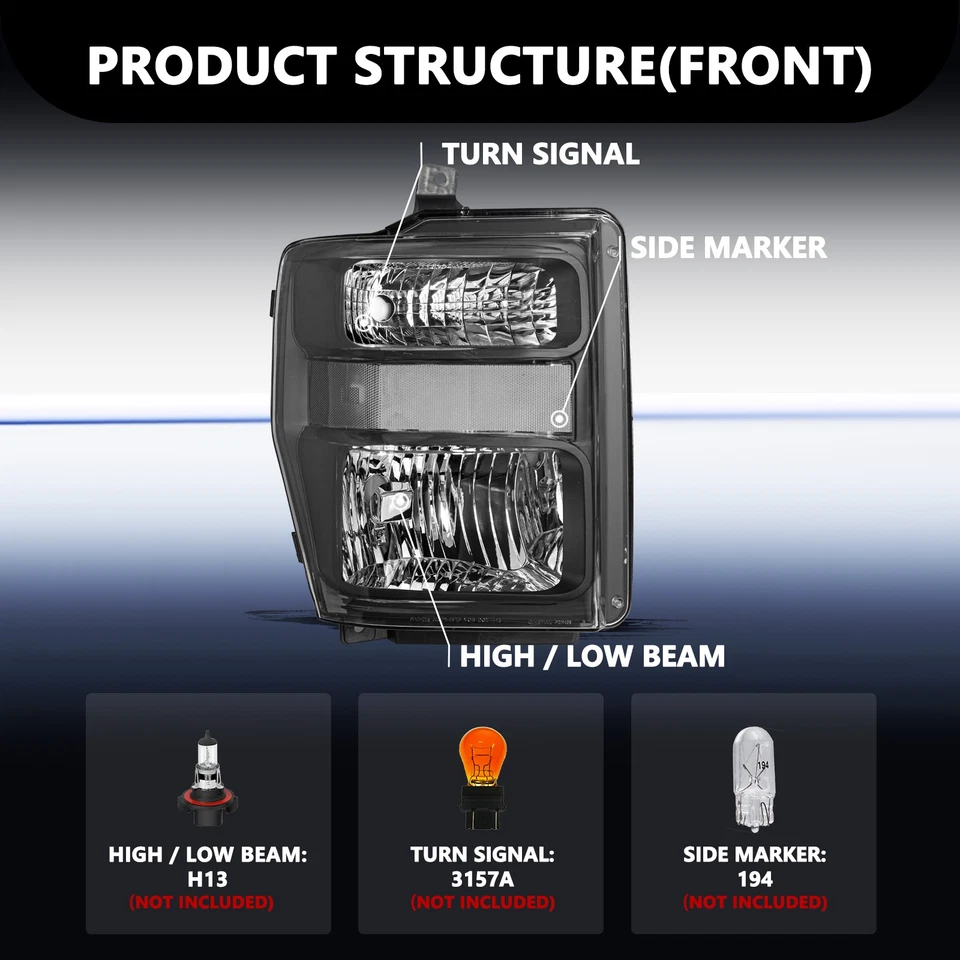 FOR 08-10 FORD F250 F350 SUPER DUTY BLACK HOUSING CLEAR CORNER HEADLIGHT LAMPS - Image 2 of 4