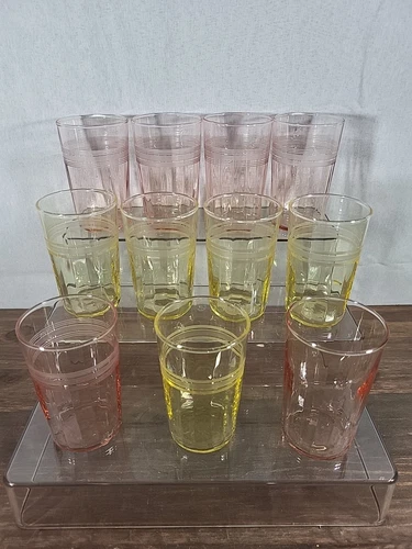 Lot Of 11 Vintage Pink & Yellow Depression Glass Juice Cups