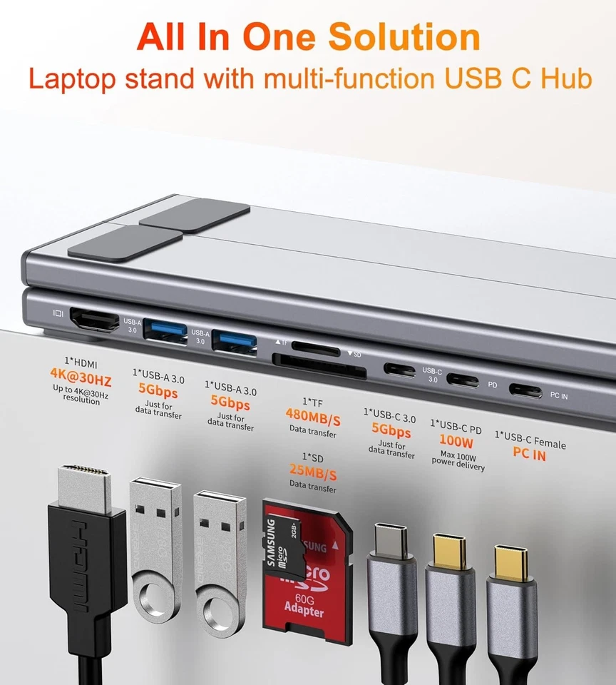 8-in-1 USB C Docking Station with 4K HDMI & Ergonomic Laptop Stand - Grey - Image 4 of 4