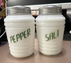 Vintage Hazel Atlas Milk Glass Beehive Salt & Pepper Shakers 4.5" Green Letters