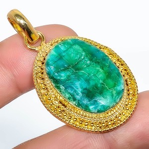 Authentic Emerald (Lab-Created) Gemstone 925 Silver Gold Plated Pendant 1.95" P7622-207