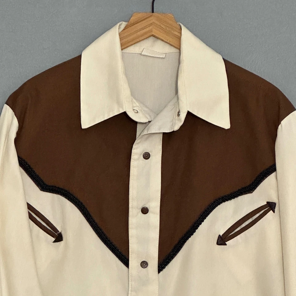 Vintage 70s Mens Western Shirt L Long Sleeve Brown Cream Snap Cowboy Rockabilly - Image 3 of 4